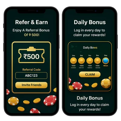 Mobile rummy app screens showing refer and earn ₹500 bonus with referral code and daily bonus rewards for logging in.
