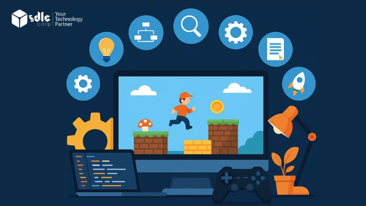 "Illustration showing the 7 stages of the game development process including planning, design, coding, testing, launch, and post-launch support on a developer's desktop screen"