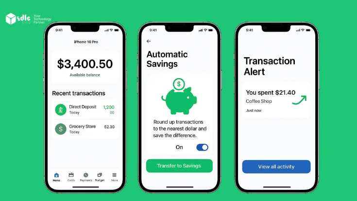 Three iPhone 16 Pro screens displaying a professional mobile banking app interface with home screen showing account balance, a detailed transaction history page, and a smart budgeting tool dashboard.