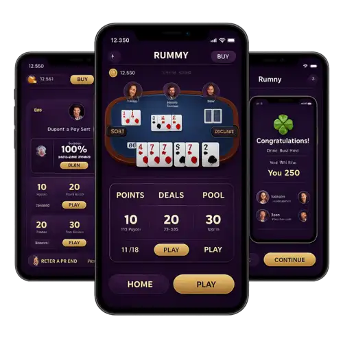 Mobile rummy app screens showing a live card game table, game mode options like points, deals, and pool, and a winning reward screen.
