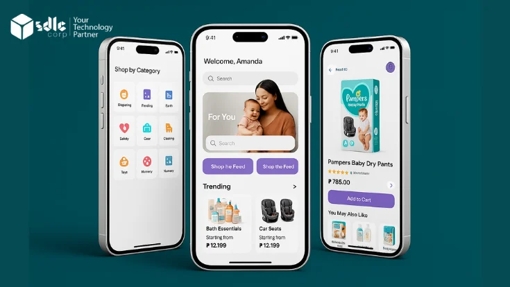 Displaying a mom-centric eCommerce mobile app interface, including category navigation, personalized product feed, and item detail page, representing the UI structure and visual features required to Develop eCommerce App Like Edamama.