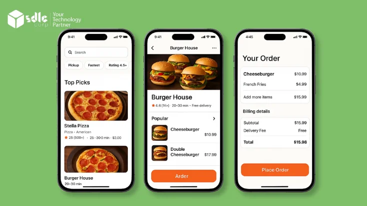 User interface of a food delivery app like Glovo shown across three smartphones, featuring food search results, burger menu screen, and pizza listings with delivery time and ratings.