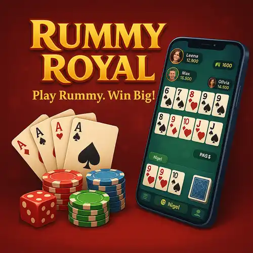 Rummy Royal mobile game promo with poker chips, dice, playing cards, and a phone screen showing live rummy gameplay.