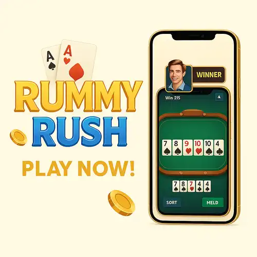 Rummy Rush mobile game promo showing a winner on screen with playing cards and the text “Play Now.”