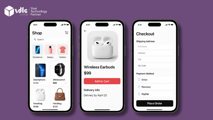 displaying an eCommerce mobile app interface including shop, product detail, and checkout pages, visually representing the cost to develop an app like D4D.