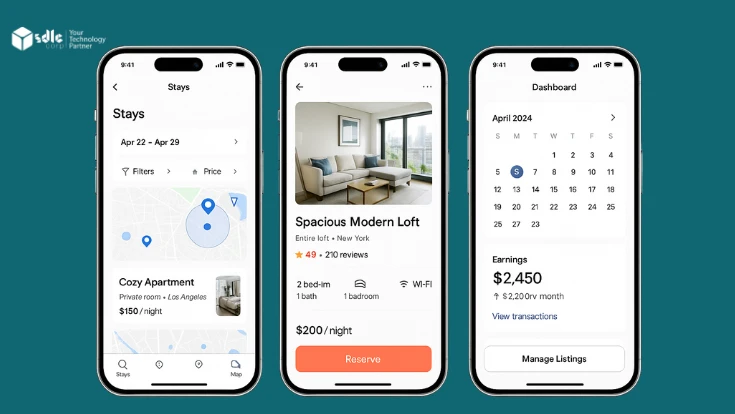 Traveler booking a short-term rental using a mobile app, with interface mockups representing an Airbnb-style platform.