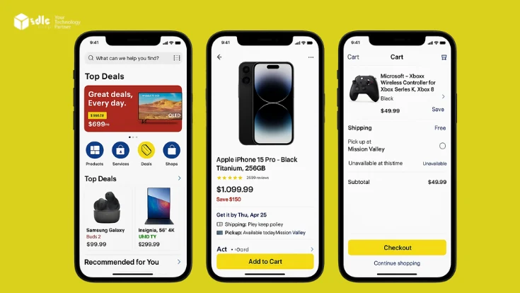 Three iPhone 16 Pro screens displaying the Best Buy mobile app interface, showcasing top deals, product details for an iPhone 15 Pro, and a shopping cart with an Xbox controller on a clean white background.