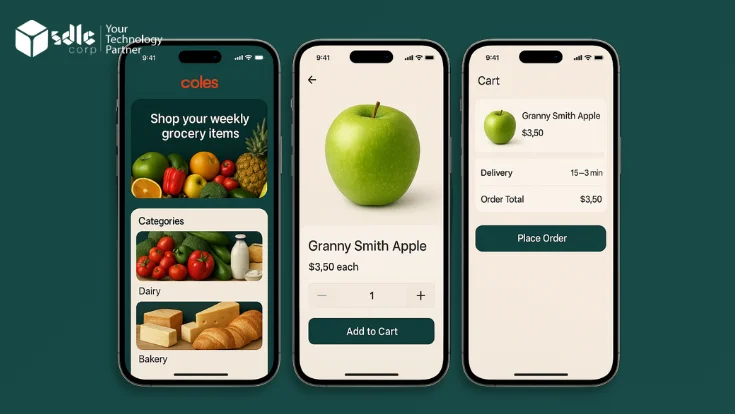 Realistic app interface displaying grocery categories, item details, and cart summary in a Coles-like design, helping demonstrate the Cost to Build Grocery App features visually.