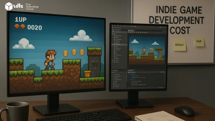 "Feature image showing indie game development cost breakdown in 2025 including budget tiers, tools, and platforms"