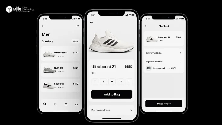 Three iPhone 16 Pro screens displaying Adidas-style eCommerce app UI including product listing, item detail, and checkout interface.