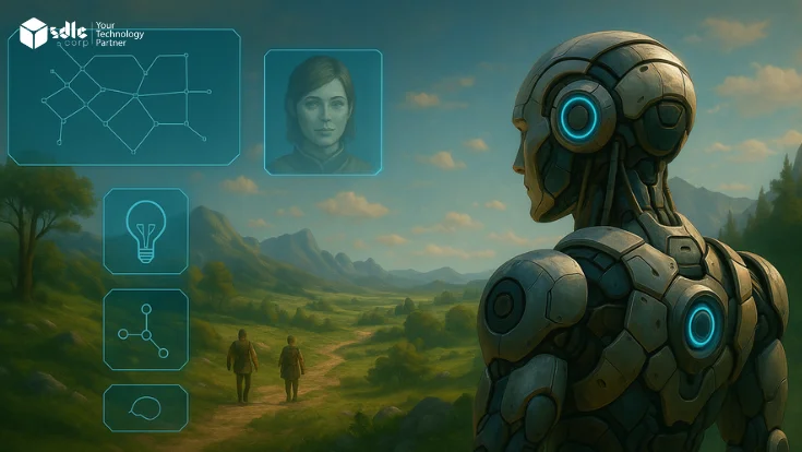 AI robot in digital landscape illustration