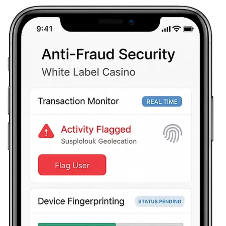 Mobile UI showing anti-fraud dashboard with flagged activities, KYC checks, and risk scoring for casino platform on transparent background.