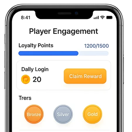 Gamified player engagement mobile UI with loyalty progress bars, daily rewards, tier levels, and referral bonuses on a transparent background.