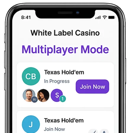 Portrait mobile screen showing multiplayer casino mode UI with active tables, player avatars, game types, and join status on transparent background.