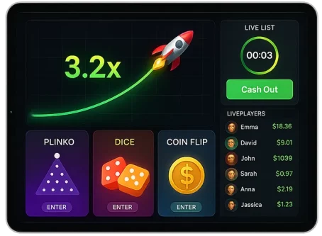 Tablet screen showing crash game with rising multiplier graph and mini-game tiles like dice and Plinko on transparent background.
