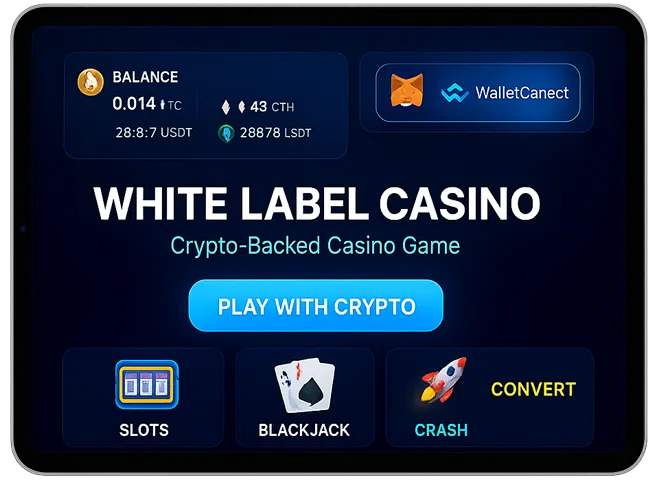 Tablet UI for crypto-backed casino games showing wallet integration, balances in BTC/ETH, and game selection on transparent background.