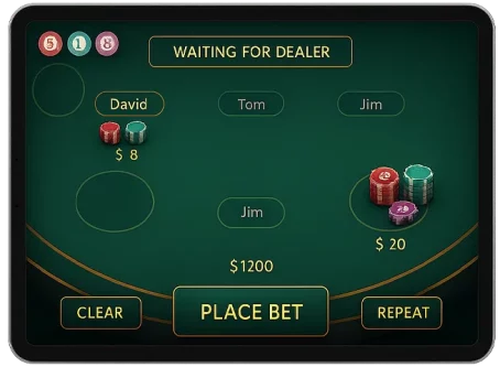 Tablet UI showing live dealer game interface with full table layout, betting zones, and real-time player interactions on transparent background.