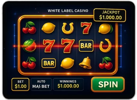 Landscape tablet screen displaying slot machine UI with reels, spin button, and win indicators on transparent background.
