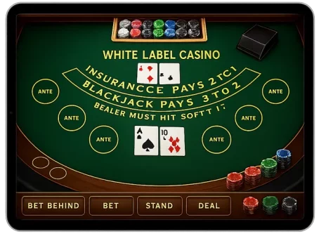 Tablet UI showing table game interface such as Blackjack or Roulette with chips, cards, and betting controls on transparent background