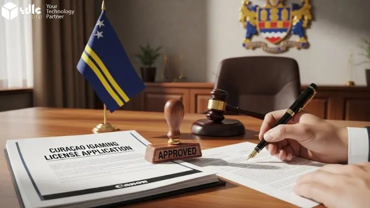 "2025 step-by-step guide infographic for obtaining a Curacao iGaming license, outlining the B2C and B2B license types, application process, and approval timeline"
