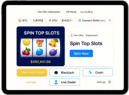 Front-facing tablet showcasing a turnkey casino solution ‘Spin Top Slots’ lobby with an animated reel preview, progressive jackpot meter, a prominent electric blue ‘Spin Now’ button, top bar displaying live BTC/ETH/USDT balances, and secondary game tiles for Blackjack, Crash, and Live Dealer on a clean off-white screen.