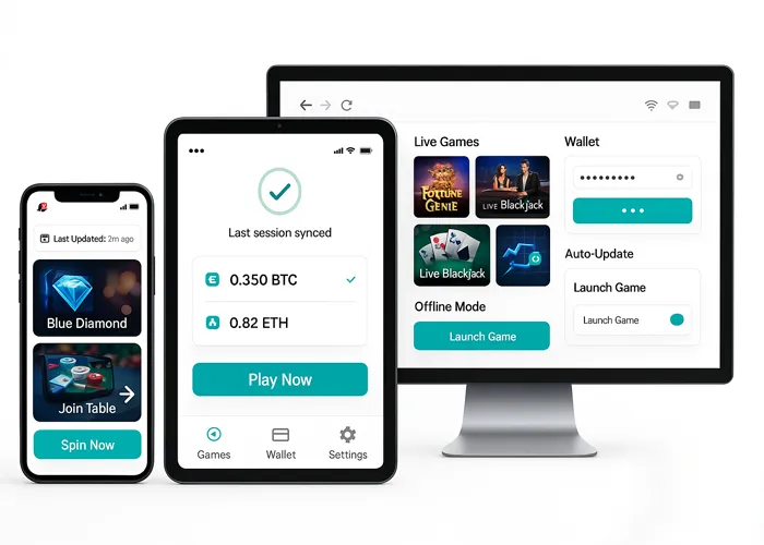 Responsive casino software UI for web and mobile platforms featuring games, lobby, and payment options.