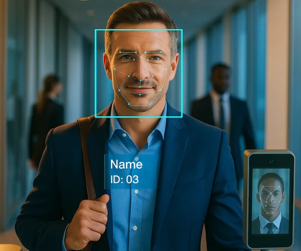 Computer vision face detection identifying a person with a bounding box and ID label