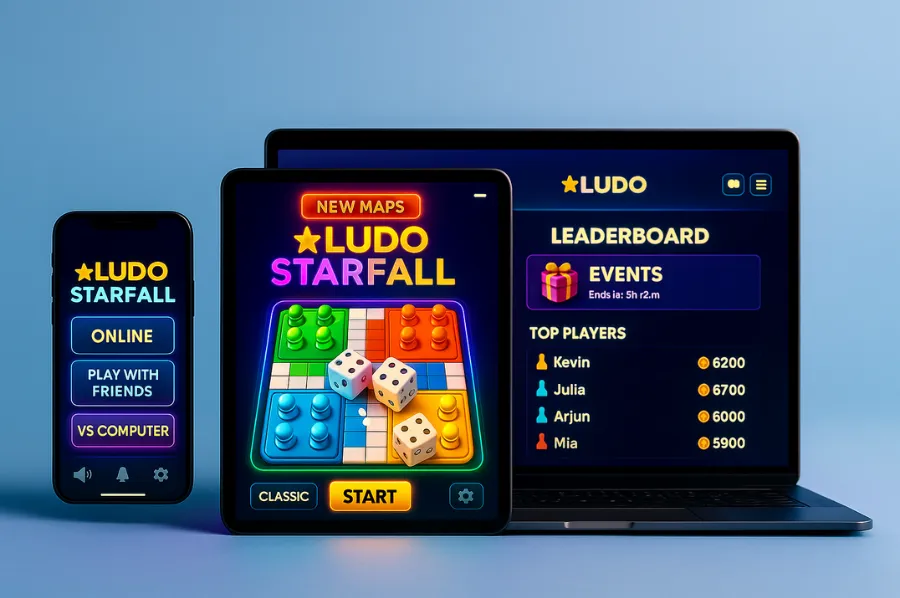 Three-device mock-up of Ludo Starfall: bright neon board with ‘New Maps’ on tablet, quick-match menu on phone, and live leaderboard on laptop, presented on a clean blue studio background.