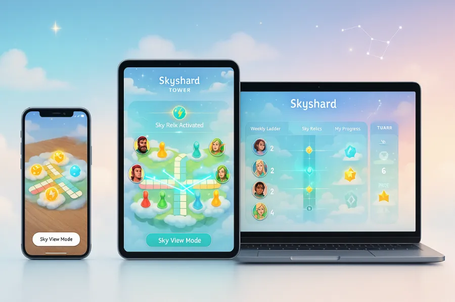Three-device mock-up of Ludo Skyshard: pastel cloud-island board shown in AR on phone, Sky Relic activation on tablet, and weekly ladder on laptop, framed by a sunrise sky gradient with tiny constellations.
