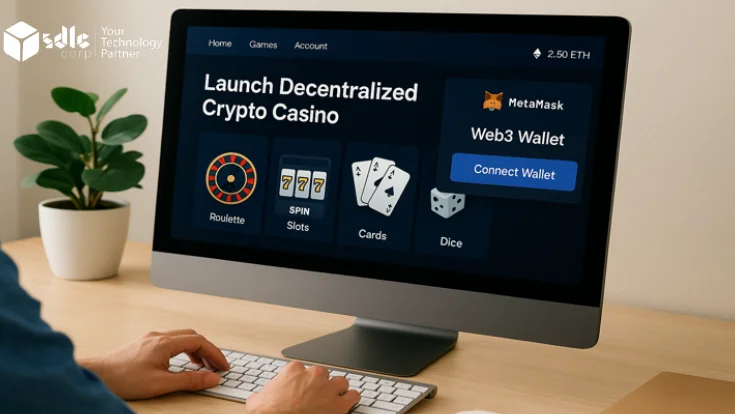 "User launching a decentralized crypto casino platform with Web3 wallet integration on desktop showing blockchain casino UI"