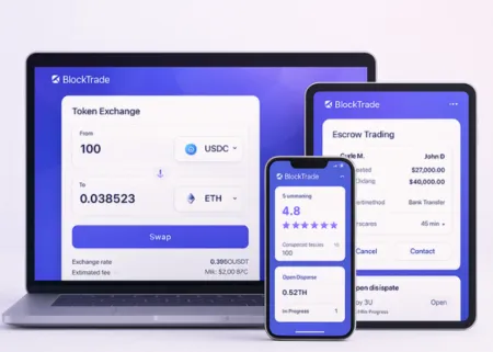UI screens of the BlockTrade Network platform displayed across a laptop, tablet, and smartphone. Interfaces show token exchange, escrow trading, and rating system, with a modern purple-accented design on a clean white background.