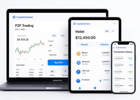 CryptoConnect Exchange interface presented on a laptop, tablet, and smartphone. Screens display P2P trading dashboard, wallet balance, and transaction history in a bright, blue-accented theme with clean white cards
