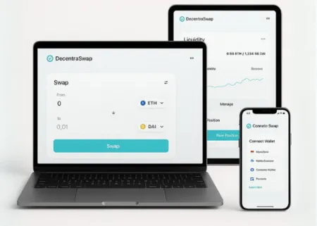 DecentraSwap crypto platform shown on laptop, tablet, and mobile screens. UI highlights swap functionality, liquidity management, and wallet connection using a minimal white interface with teal-blue accents.