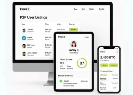 PeerX Crypto Hub platform displayed on desktop, tablet, and smartphone devices. Screens show P2P user listings, trust score profile, and wallet overview with a clean white background and lime green accent elements.