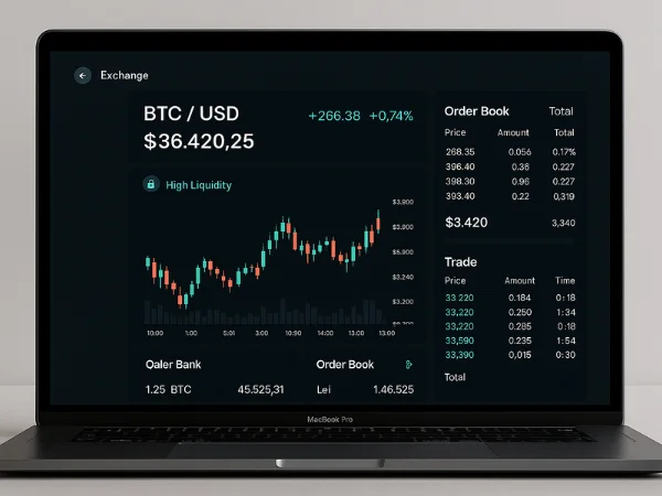 Professional cryptocurrency exchange dashboard displaying real-time trading charts, transaction management, and liquidity features on a desktop screen, emphasizing security and usability