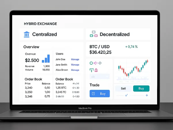 Hybrid cryptocurrency exchange platform displaying both centralized admin controls and decentralized peer-to-peer trading features, representing flexibility, security, and dual functionality.