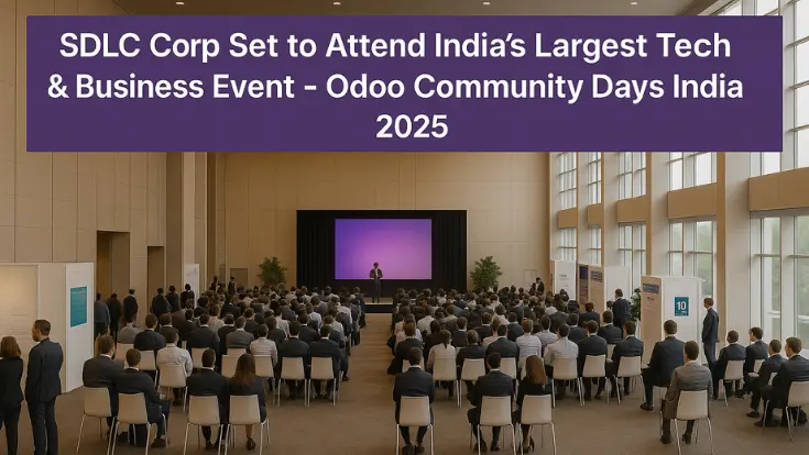 SDLC Corp attending Odoo Community Days India 2025 at a professional tech and business conference with a keynote speaker and engaged audience