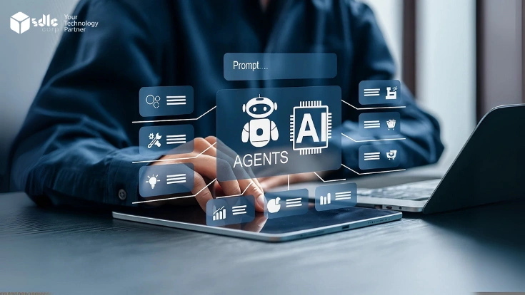Person interacting with a tablet interface showing agentic AI system elements like prompts, task icons, a robot agent, and AI chip, symbolizing automated decision-making and multi-agent workflows.