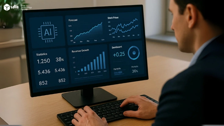 AI-powered finance dashboard showing analytics, risk indicators, forecasting visuals, and operational insights across enterprise systems