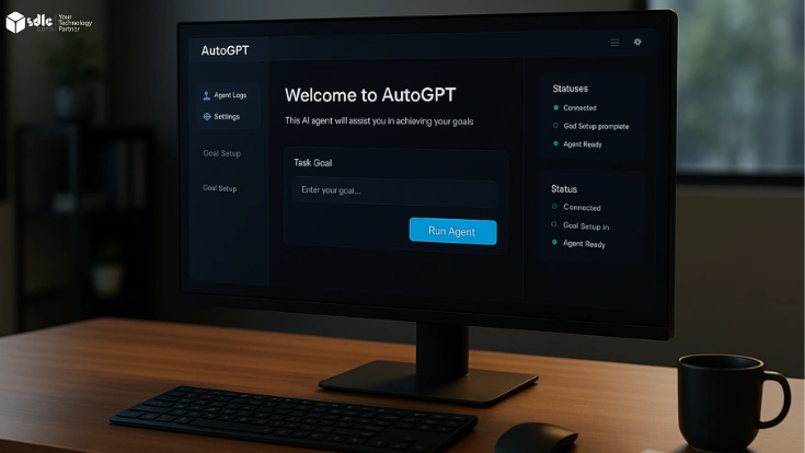AutoGPT welcome dashboard displayed on a widescreen monitor in a modern office setting, showing task input field and run agent button with status indicators.