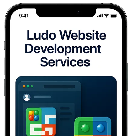 Ludo game dashboard mockup with player icons and board tiles, showcasing custom website development services for Ludo games.