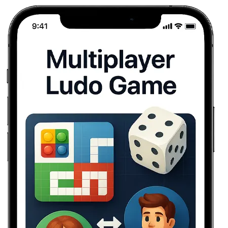 User interface of a Ludo game featuring dice, avatars, and colorful board tiles, emphasizing multiplayer game functionality.