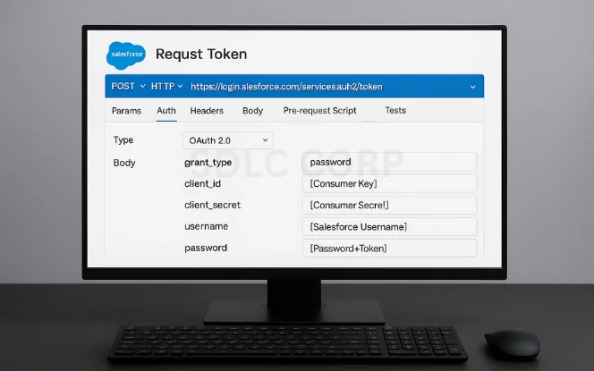 Salesforce OAuth 2.0 authentication screen for requesting token using client ID, secret, username, and password.