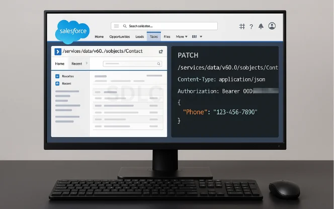 Salesforce REST API PATCH request example updating a contact phone number using JSON payload.