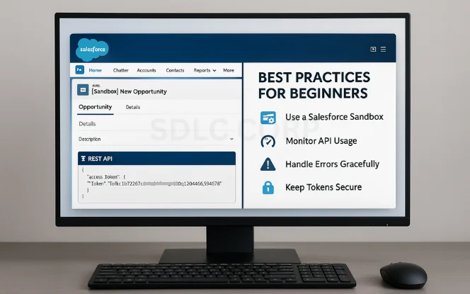 Salesforce REST API best practices for beginners highlighting sandbox usage, monitoring API, handling errors, and token security.