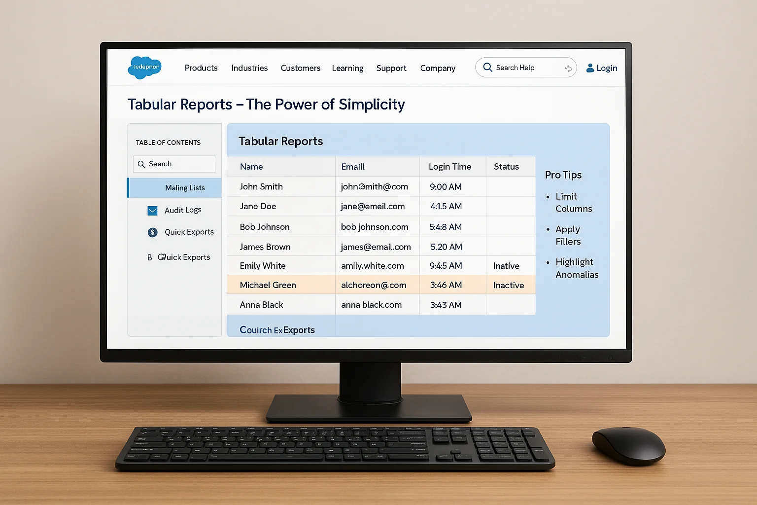 Tabular reports in Salesforce showing a simple data table with names, emails, login times, and pro tips.