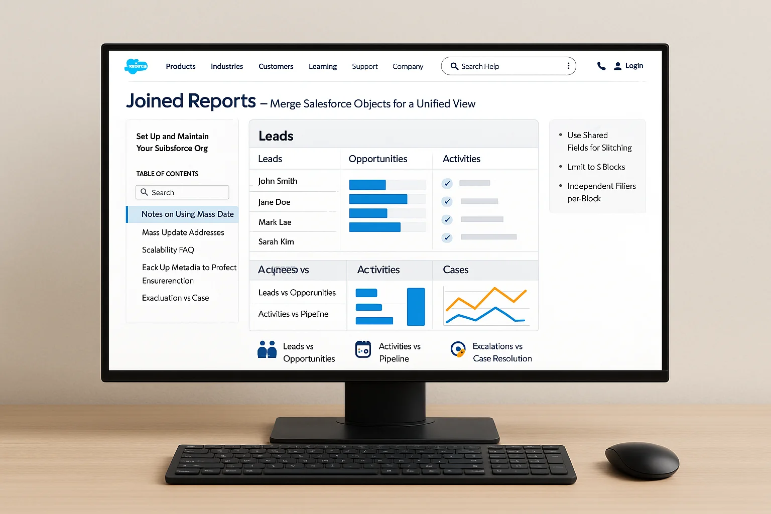 Joined reports in Salesforce merging leads, opportunities, and activities with unified data views.