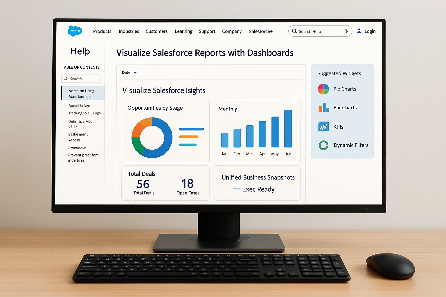 Visualize Salesforce reports with dashboards featuring pie charts, bar charts, KPIs, and dynamic filters.