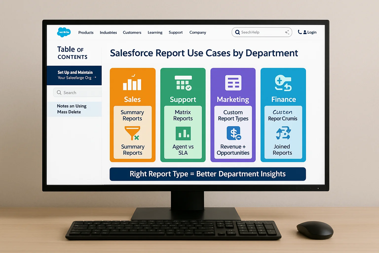 Salesforce report use cases by department including Sales, Support, Marketing, and Finance with respective report types.