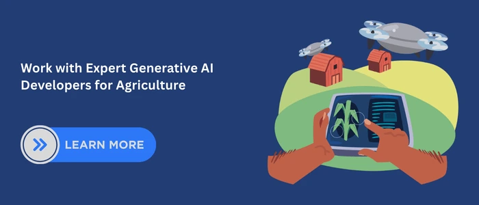 A 3D illustration of a person holding a tablet displaying crop data, with drones and barns in the background, representing advanced farming solutions powered by Generative AI for Agriculture.